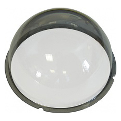 Eine halbkugelförmige, rauchfarbene Kunststoffabdeckung über einer leuchtenden weißen Lichtquelle, vermutlich eine Deckenleuchte.