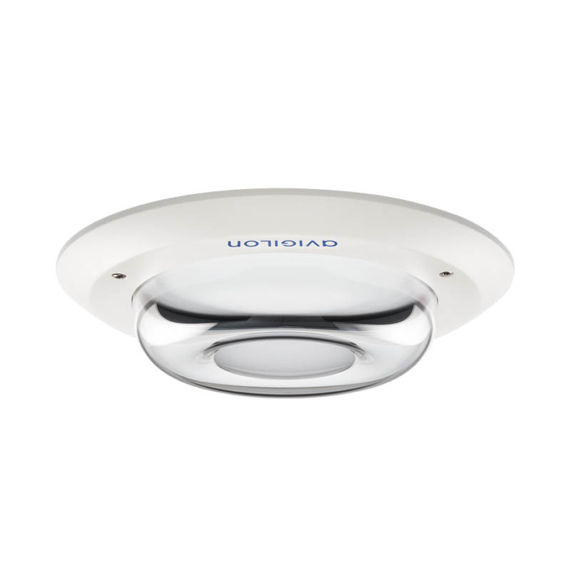 Ein runder weißer Rauchmelder an der Decke mit einer klaren Kuppel in der Mitte.