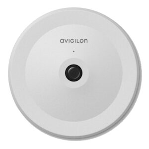 Eine weiße, kreisförmige Überwachungskamera von Avigilon mit einem zentralen Objektiv.