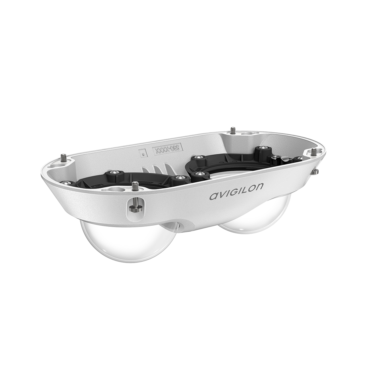 Ein weißes Sicherheitskameragehäuse der Marke Avigilon mit zwei transparenten, halbkugelförmigen Linsenabdeckungen und mehreren Schrauben zur Befestigung.