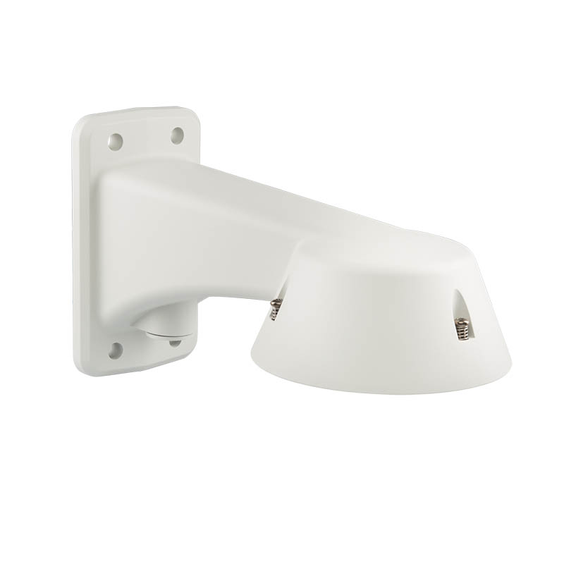 Weiße Wandhalterung aus Kunststoff, die für die Befestigung einer Überwachungskamera konzipiert ist, mit einer Halterung zur Montage an der Wand und Gewinden zur Befestigung der Kamera.