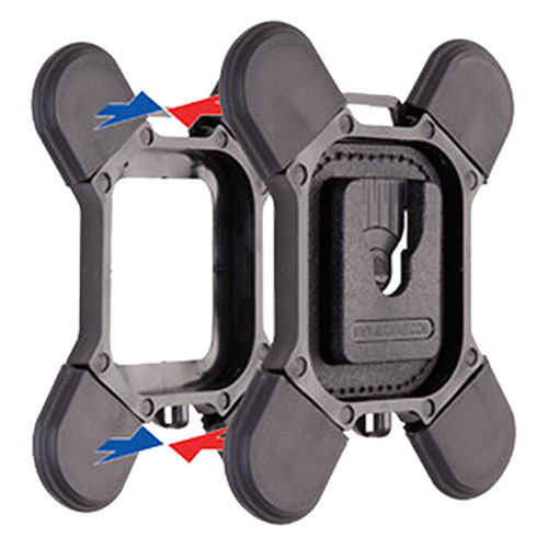 Verriegelungsmechanismus mit einem quadratischen Rahmen und vier abgerundeten Ecken, die mit Pfeilen versehen sind, die auf den Ein- und Ausrichtigungsprozess hinweisen.