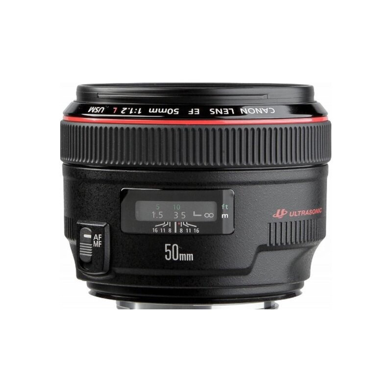 Ein Canon EF 50mm f/1.2L USM Kameraobjektiv mit rotem Ring und Entfernungsskala.