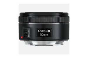 Canon 50mm Kameraobjektiv mit Autofokus- und manuellen Fokusoptionen, schwarzes Gehäuse, seitliche Ansicht.