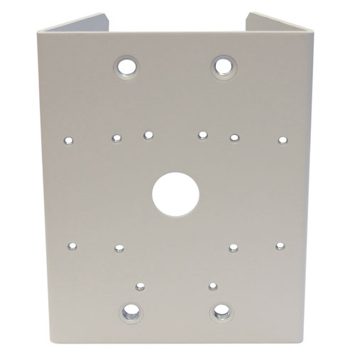 Weiße Metallhalterung mit mehreren Bohrlöchern in verschiedenen Größen.