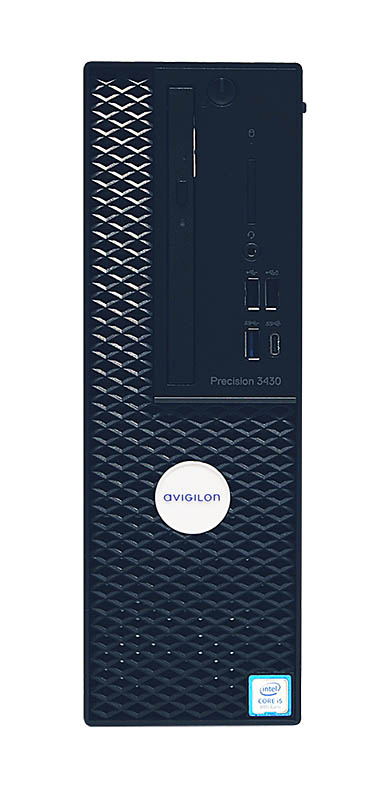 Vorderansicht eines Desktop-PCs, Modell Dell Precision 3430, mit einem Avigilon-Logo in der Mitte und einem Intel Core i5-Logo unten rechts.