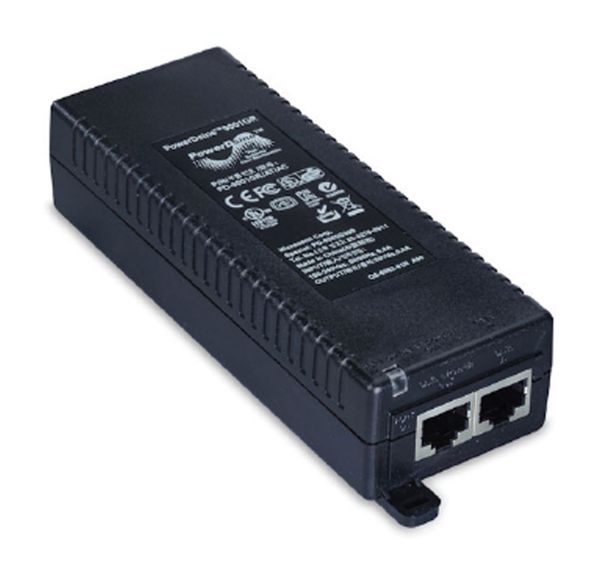 Ein schwarzer PoE-Injektor mit zwei Ethernet-Ports und mehreren Zertifizierungssymbolen auf der Oberseite.