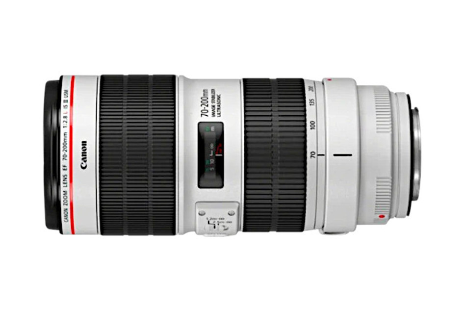 Weißes Zoom-Objektiv Canon EF 70-200mm f/2.8L IS II USM mit roten und schwarzen Markierungen, mehreren Einstellringen und einem eingebauten Bildstabilisator.
