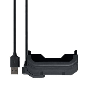 Schwarzer USB-Stecker angeschlossen an eine robuste Halterung, vermutlich für ein elektronisches Gerät oder Zubehör.