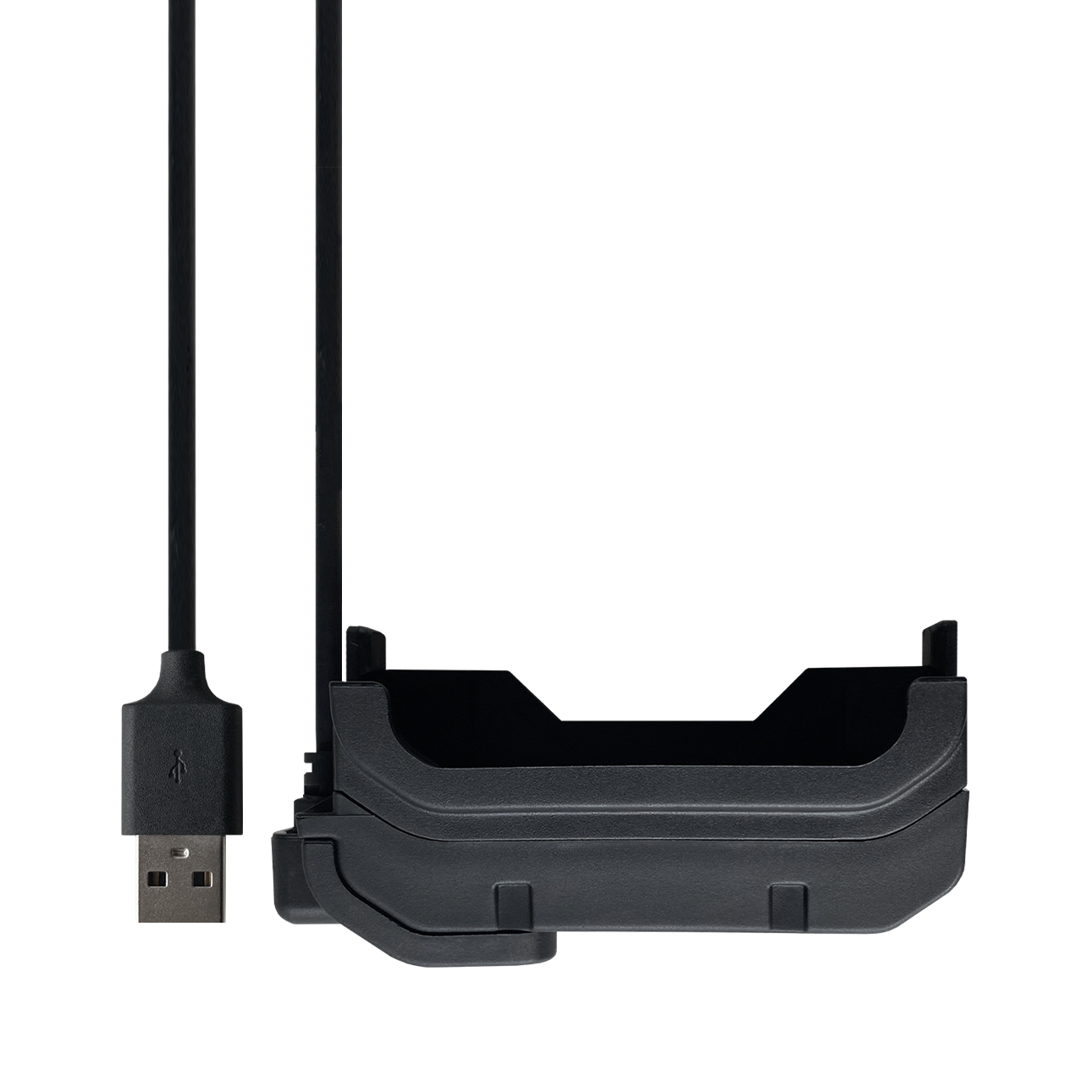 Schwarzer USB-Stecker angeschlossen an eine robuste Halterung, vermutlich für ein elektronisches Gerät oder Zubehör.