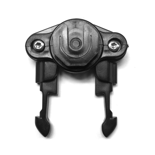 Schwarzer Kunststoffhalter mit zwei seitlichen Schrauben und zwei vertikalen Greifarmen.