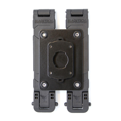 Ein schwarzes Kunststoffbefestigungssystem mit zwei Clips von Blade-Tech, das eine zentrale Montageplatte enthält.