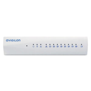 Eine weiße Netzwerk-Switch von Avigilon mit mehreren LED-Anzeigen auf der Vorderseite.