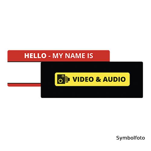 Eine Grafik mit einem Namensschild, auf dem "HELLO - MY NAME IS" auf einem roten Hintergrund steht, und einem gelben Schild mit der Aufschrift "VIDEO & AUDIO" auf schwarzem Hintergrund.