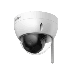 Eine weiße Dome-Überwachungskamera von Dahua, mit einem schwarzen Kameraobjektiv im Inneren, montiert in einem kugelförmigen Gehäuse.