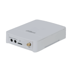 Ein weißes, rechteckiges elektronisches Gerät mit mehreren Anschlüssen, darunter Audio-Ein- und Ausgänge und ein WLAN-Anschluss.