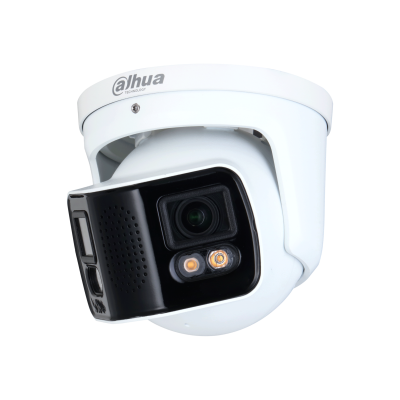 Eine weiße Dome-Sicherheitskamera der Marke Dahua mit einem hervorstehenden schwarzen Modul, das Kameraobjektiv und LED-Lichter enthält.