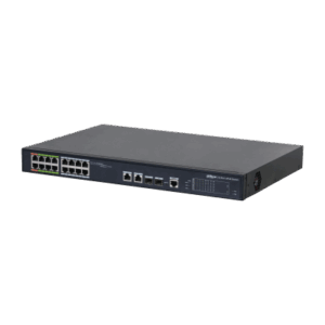 Ein schwarzer Netzwerk-Switch mit mehreren Ethernet-Ports auf der Vorderseite, geeignet für die Rackmontage in einem Serverraum.