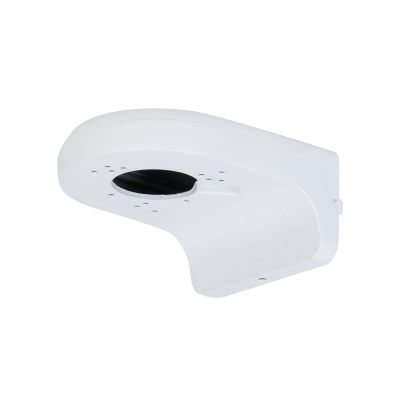 Weiße, wandmontierte Halterung, geeignet für die Anbringung von Überwachungskameras, mit kreisförmiger Öffnung und abgerundeter Kante.