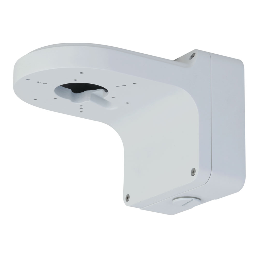 Weiße, L-förmige Wandhalterung aus Metall mit mehreren Schraublöchern für die Montage von Überwachungskameras.