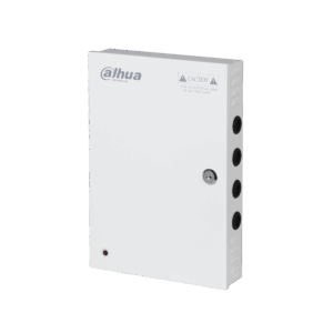Weißes Gehäuse eines elektronischen Sicherheitssystems mit der Aufschrift 'Dahua Technology' und einem Warnhinweis vor elektrischen Schlägen.