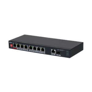 Ein schwarzer Netzwerk-Switch mit acht Ethernet-Ports und zusätzlichen Anzeige-LEDs, die den Verbindungsstatus anzeigen.