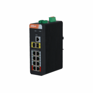 Industrie-Netzwerk-Switch von Dahua mit mehreren Ethernet-Anschlüssen und LED-Anzeigen in einem schwarzen, rechteckigen Gehäuse.