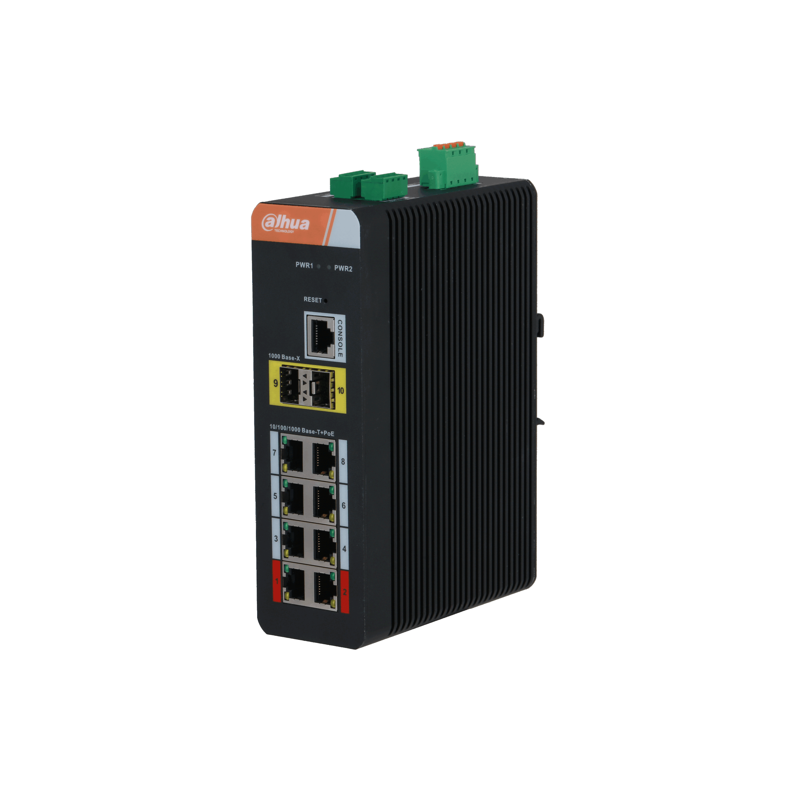 Industrie-Netzwerk-Switch von Dahua mit mehreren Ethernet-Anschlüssen und LED-Anzeigen in einem schwarzen, rechteckigen Gehäuse.