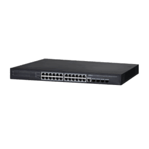 Ein schwarzer Netzwerk-Switch mit vierundzwanzig Ethernet-Ports und vier zusätzlichen Ports an der Vorderseite, häufig in Serverräumen verwendet.