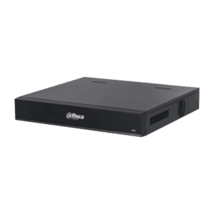 Ein schwarzer Dahua Netzwerkvideorecorder (NVR) mit rechteckigem Gehäuse, Lüftungsschlitzen an der Seite und dem Dahua-Logo auf der Vorderseite.