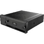 Schwarzer Kastenrekorder von Dahua Technology mit zwei Schlüssellöchern an der Vorderseite.