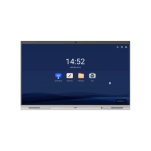Ein interaktives Whiteboard mit einem blauen Hintergrundbildschirm, der eine Uhrzeit von 14:52 anzeigt. Auf dem Display sind mehrere Symbole sichtbar, darunter Icons für Bildschirmfreigabe, Whiteboard, Dateiexplorer und eine Kamera-App.