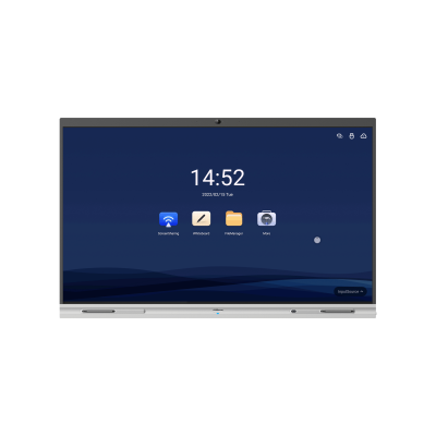 Ein interaktives digitales Whiteboard mit einer Benutzeroberfläche, die die Uhrzeit 14:52 anzeigt, sowie Symbole für Bildschirmspiegelung, Dateiverwaltung und Kamera auf einem blauen Hintergrund.