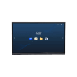 Ein großer Monitor mit einem blauen Bildschirm, auf dem die Uhrzeit 20:30 angezeigt wird, zusammen mit mehreren App-Symbolen in der Mitte, darunter für Präsentationen, Notizen, Workshop und Rücksprache.