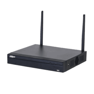 Ein schwarzer Router oder Netzwerkrekorder mit zwei Antennen und Lüftungsschlitzen an der Seite.