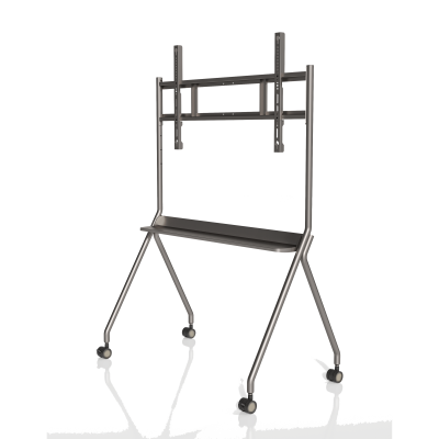 Schwarzer, mobiler Ständer auf Rollen mit Halterung für Monitor oder Bildschirm und zusätzlichem Ablagefach.