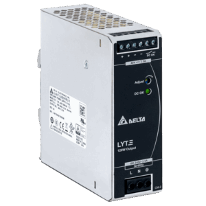 Ein silbernes Schaltnetzteil mit Lüftungsschlitzen auf der Oberseite, Vorderseite mit Anschlüssen und Anzeigen für DC OK sowie einem Label mit der Aufschrift 'Delta LYTE 120W Output'.