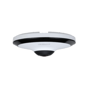 Deckenmontierte Überwachungskamera mit futuristischem Design in Weiß und Schwarz.