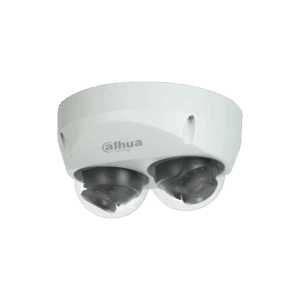 Sicherheitskamera mit zwei drehbaren Linsen in einem weißen Gehäuse, mit dem Logo 'Dahua Technology'.