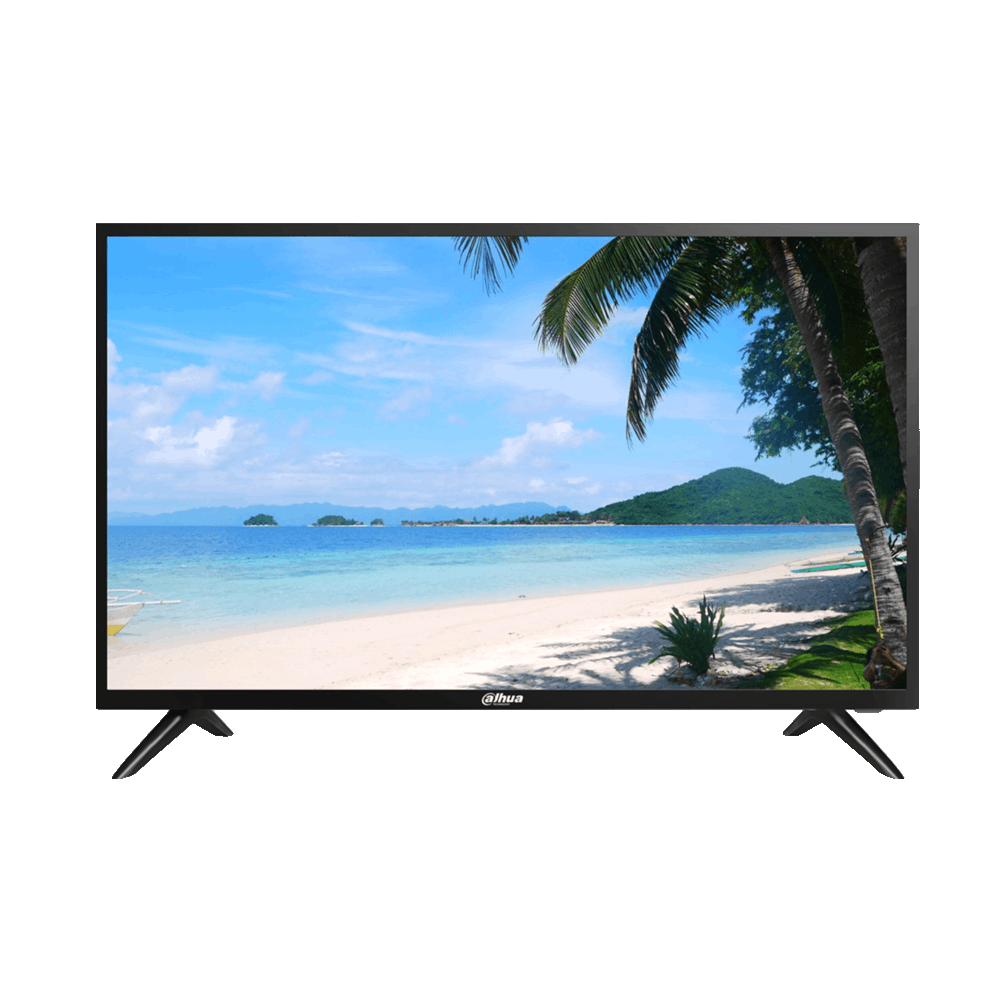 Ein Fernseher zeigt ein Bild von einem tropischen Strand mit Palmen, weißem Sand und einem klaren blauen Himmel.