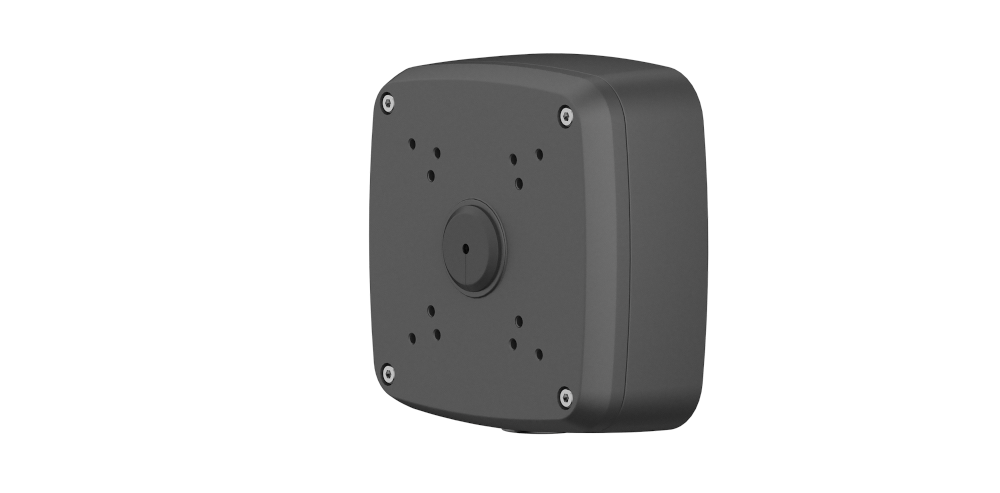 Ein schwarzes, quadratisches Gehäuse mit abgerundeten Ecken und vier sichtbaren Schraubenlöchern auf der Vorderseite, vermutlich Teil eines Kameramontagesystems.
