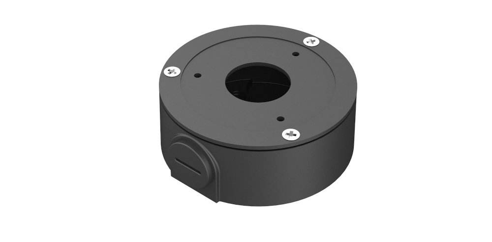 Rundes, schwarzes Metallteil mit drei silbernen Schrauben auf der Oberseite und einer kreisförmigen Öffnung in der Mitte.