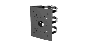 Schwarze Metallplattenhalterung mit mehreren kleinen Löchern und zwei runden Befestigungsbändern auf der Rückseite.