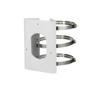 Weiße Wandhalterung mit mehreren Metallschellen zur Befestigung, geeignet für den Außeneinsatz.
