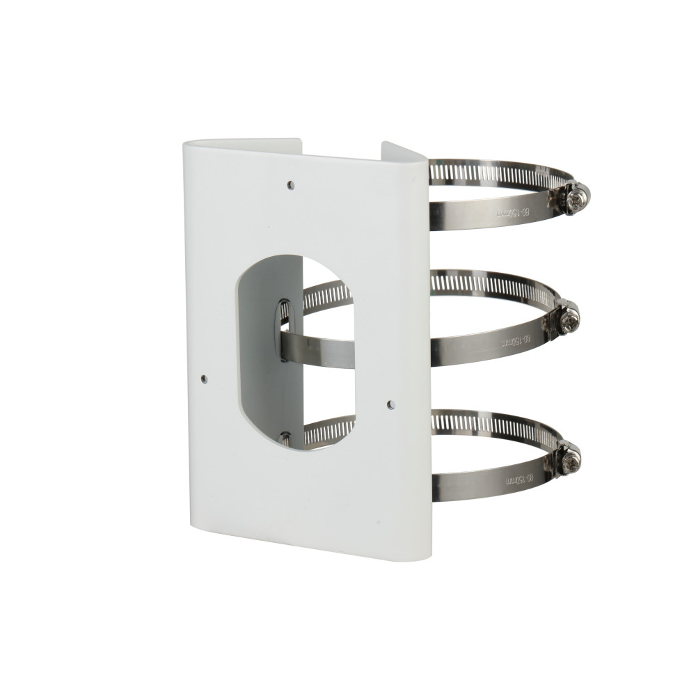 Weiße Wandhalterung mit mehreren Metallschellen zur Befestigung, geeignet für den Außeneinsatz.