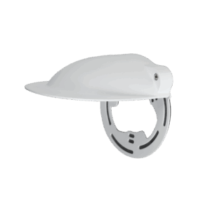 Weiße, schalenförmige Antenne mit einer Halterung an der Unterseite.