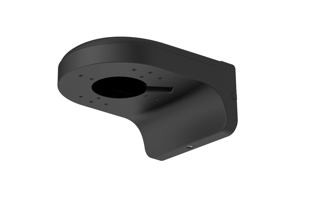 Schwarze Halterung für eine Decken- oder Wandmontage, mit runder Basis und mehreren Bohrungen zur Befestigung.