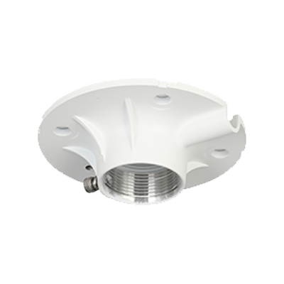 Weiße Deckenhalterung mit einem kreisförmigen Design und Metallgewinde in der Mitte.