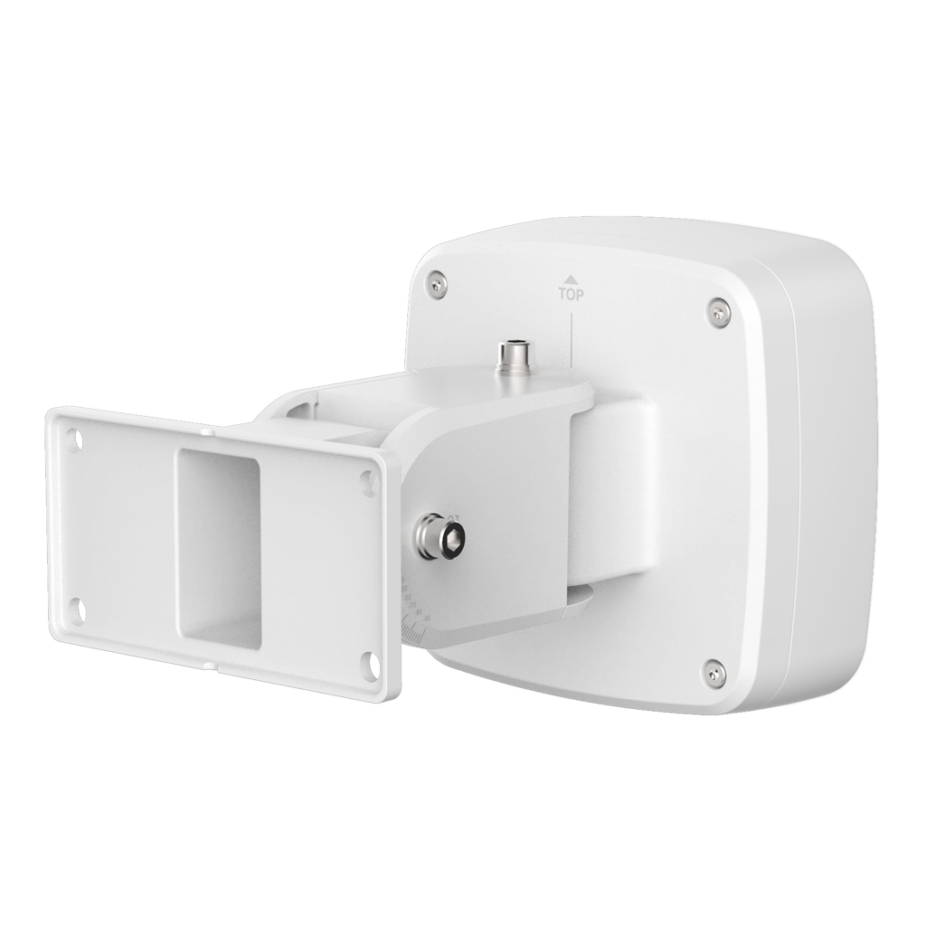 Weiße Wandhalterung für Überwachungskameras mit Gelenk und Schrauben zur Befestigung.