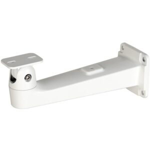 Weiße Wandhalterung mit verstellbarem Arm und Befestigungsplatten an beiden Enden.
